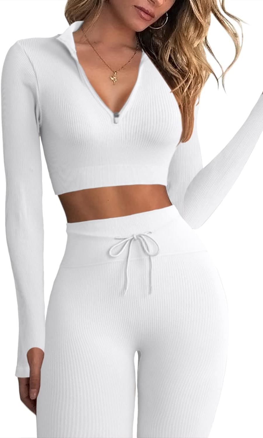 QINSENWorkout Sets for Women 2 Piece Seamless Long Sleeve Crop Tops Ribbed High Waist Leggings