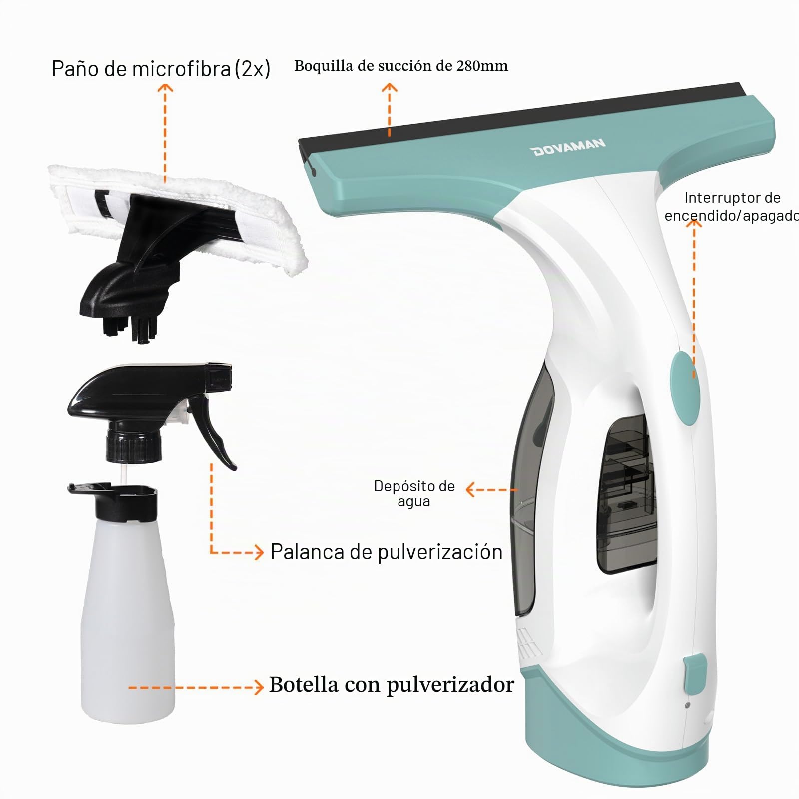 DOVAMAN WC01A Limpiador de Cristales, 30 min de Autonomía, Boquilla 280mm, Pulverizador con 2 Paños Microfibra, Depósit 150ml, 150m² por Carga, 700g Limpiacristales Eléctrico