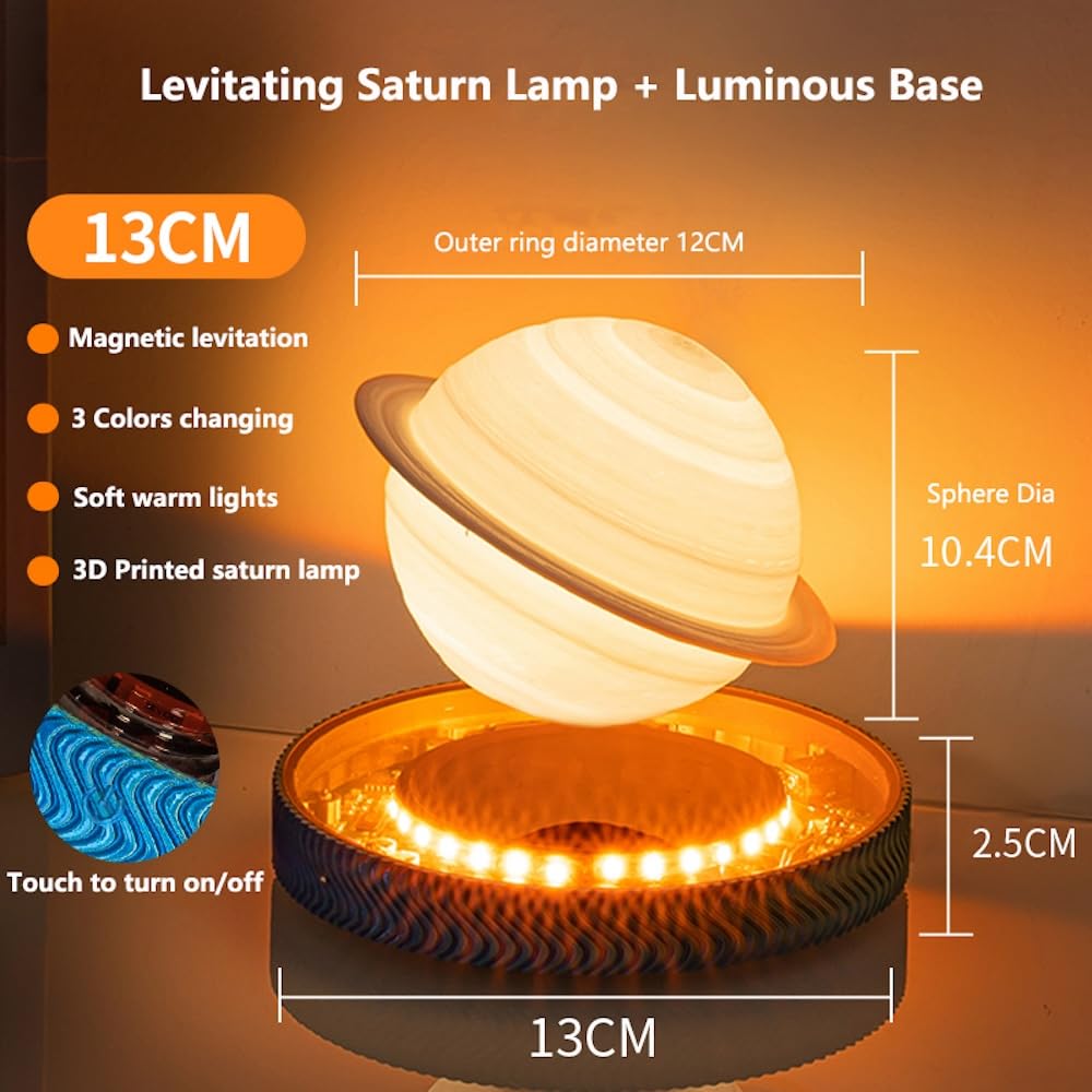 Mondlampe Schwebend Saturn Lampe mit leuchtender Basis Aufhängung 360° Rotation Saturn Licht 3 Farben Display Modus Tischlampe für Home Office