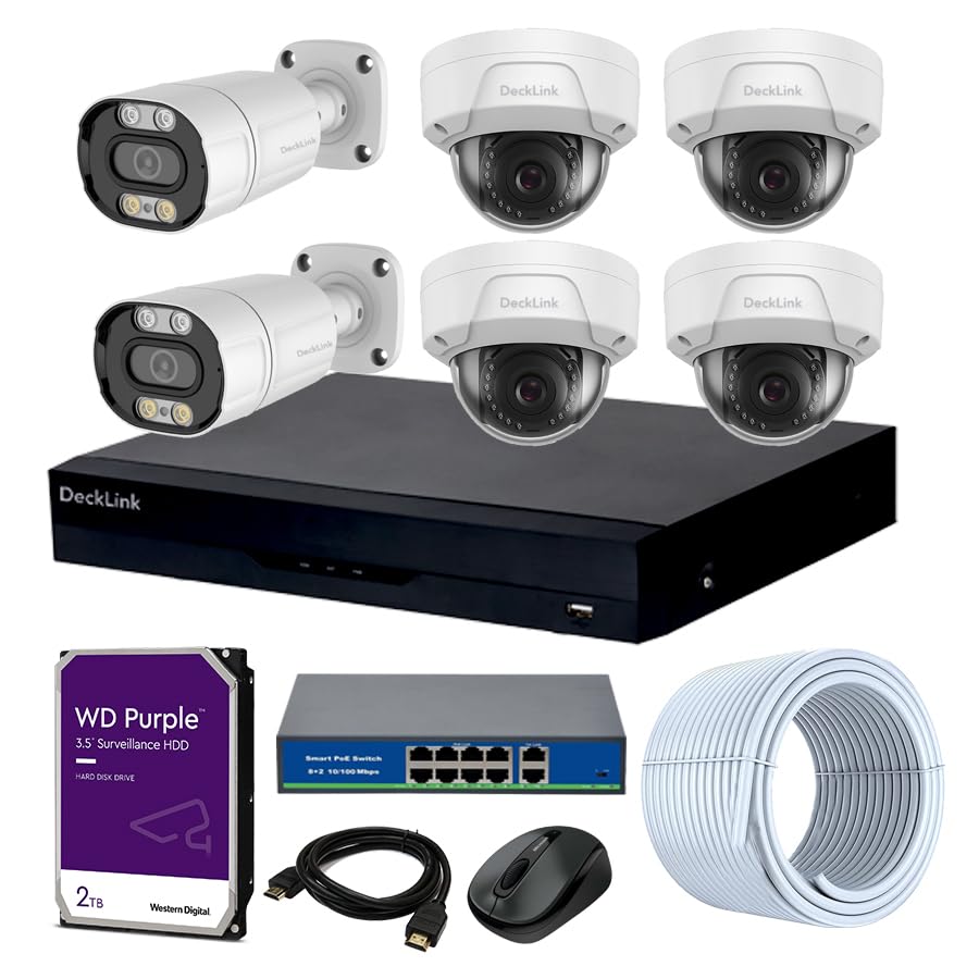 Image of DeckLink 5MP IP CCTV Camera Full Combo Set 4 Indoor, 2 Outdoor Metal Body Camera ColourVu Dual Mode Audio Mic Inbuilt, Giga 1000mbps Poe Switch with 2TB Survillance Hard Disk