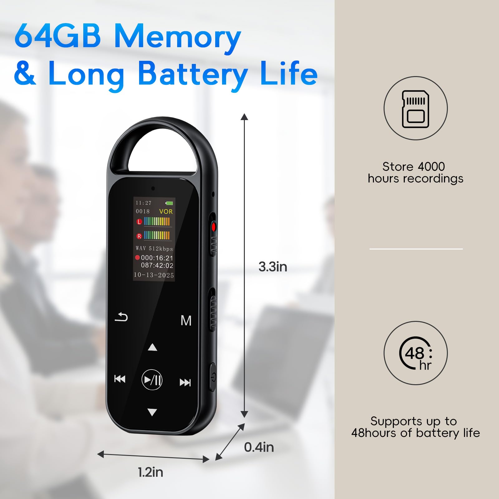 Digitales Diktiergerät mit Wiedergabe, 64 GB, tragbares Audio-Aufnahmegerät für Vorträge, Meetings, Interviews, Sprachaktivierter Rekorder mit Rauschunterdrückung, A-B-Wiederholung, Touch-Taste und