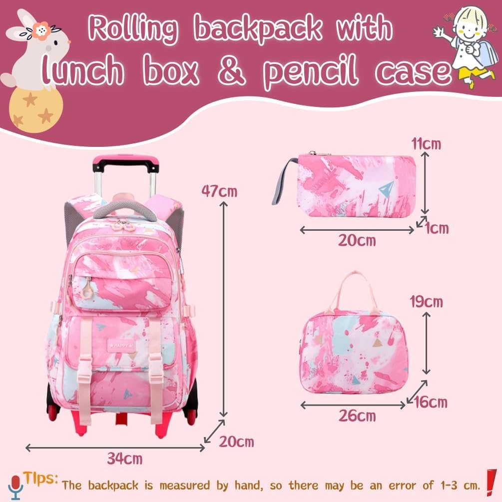 EKUIZAI Girls Trolley Backpack Set Cute Colorful Girls Rolling Backpack Middle School Trolley Schoolbag with Wheels - Image 2