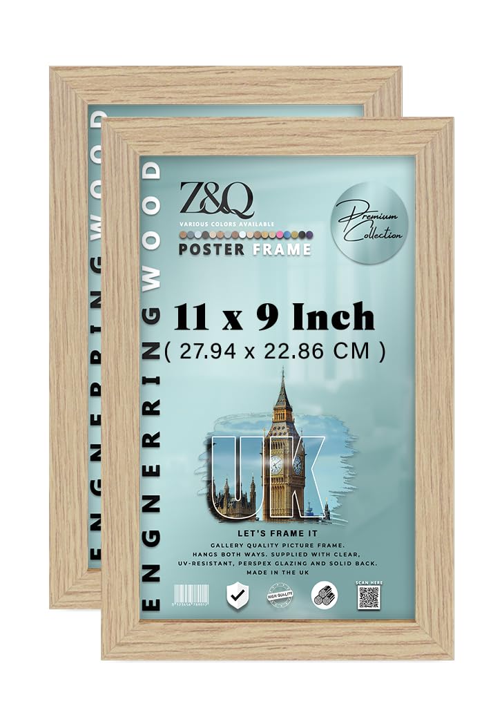 Z&Q Pack of 2 MDF Wood 11 x 9 Inch Poster/Picture Frame | Ideal for Wall Gallery (27.94 x 22.86 CM) Frame for Art and Home Décor [ Oak ]