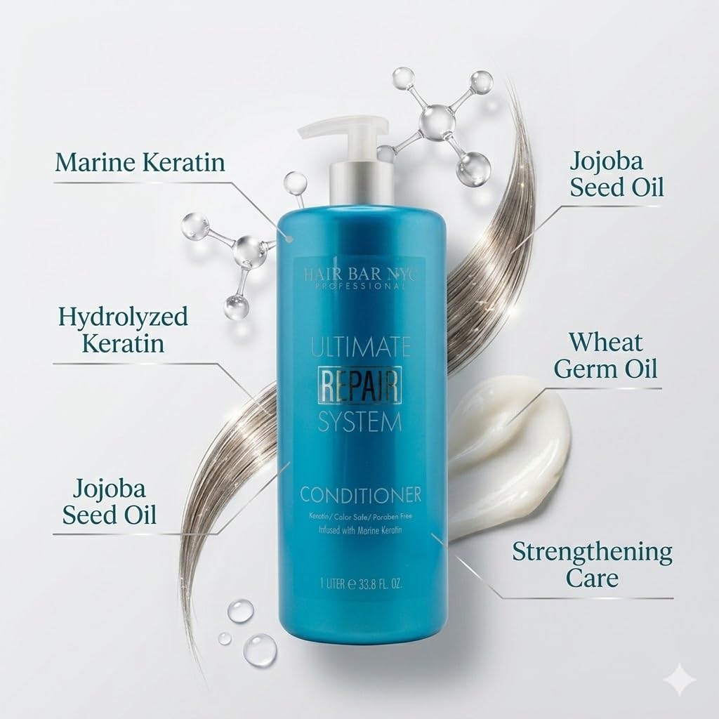 Hair Bar NYC Ultimate Repair System Conditioner 1000ml /33.8 fl oz: This deep treatment for dry, damaged hair enriched with Marine Keratin, providing intensive repair and hydration|Smooth, and healthy