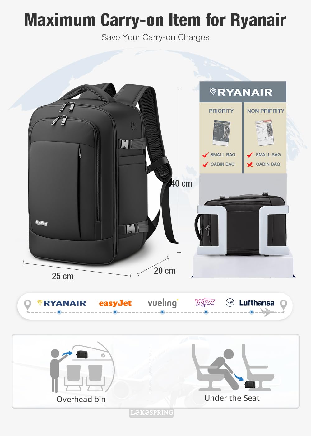 Sac a Dos Voyage Cabine Avion 40x20x25 Pour Ryanair, Sac a Dos Voyage Femme Homme, Sac a Dos Ordinateur 14 Pouces Avec 6 Sacs d'Organisation - Noir | Sac Cabine Ryanair avec Pochette Antivol pour Sous le Siege, Voyages d'affaires Sac à Dos de Tous Les Jou
