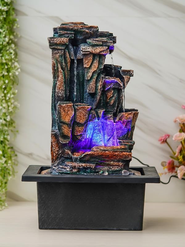 Image of Multicolor Polyresin Tabletop Designer 3 Step Indoor Water Fountain for Home Decor with LED, Speed Control Pump (Size: 36.5 x 28 x 57.5 CM | Weight: 3035Gram)
