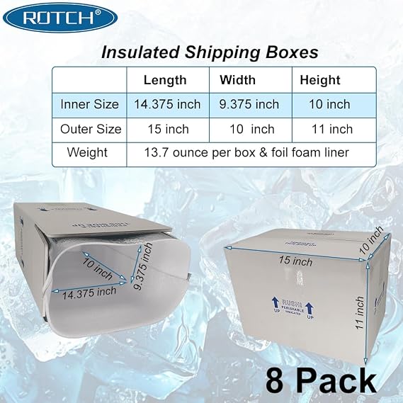 ROTCH Insulated Shipping Boxes with Liners, 8 Pack 15x10x11'', Small Cold Shipping Box Coolers for Perishable Frozen Food, White (T151011-8L-W)
