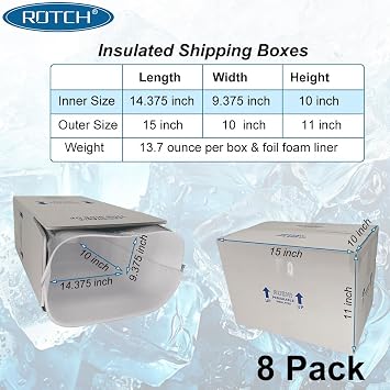 ROTCH Insulated Shipping Boxes with Liners, 8 Pack 15x10x11'', Small Cold Shipping Box Coolers for Perishable Frozen Food, White (T151011-8L-W)