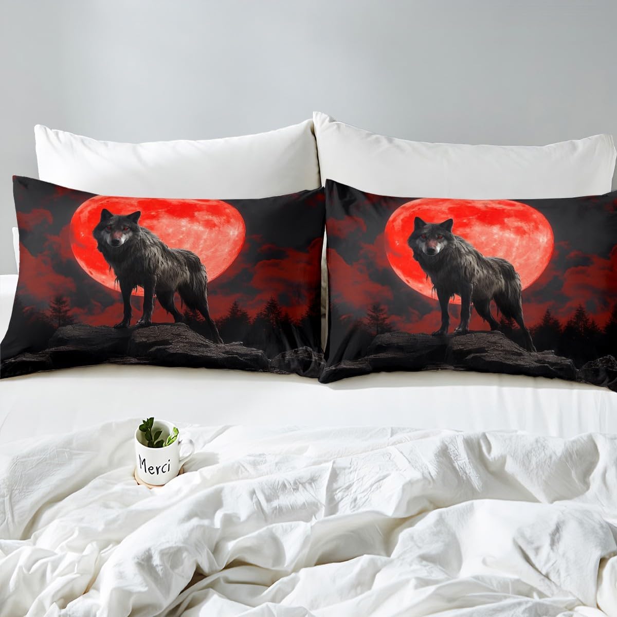 Wolf Pattern Duvet Cover Queen Size,Red Moon Comforter Cover with 2 Pillowcase for Teens Adults,Kids Wild Animals Bedding Set,Wolf Eyes Breathable 3 Pcs Decorative Bed Cover(No Comforter)