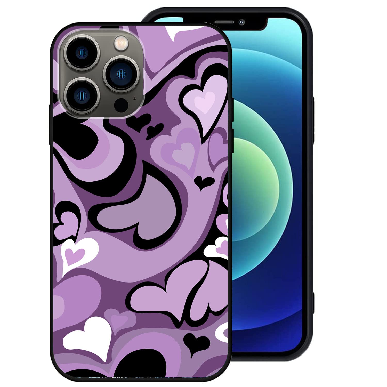 Purple Love Heart Aesthetic Pattern Phone Case Compatible with iPhone 13 Pro Max, Design for iPhone 13 Pro Max Case for Men Women Boys Girls (Purple Love Heart)