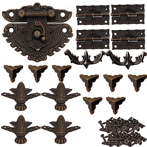 Antike Beschläge Set, 19 Stück Schloss Antik Bronze Antike Scharniere Vintage Eckenschutz Dekorativer Ecke Fuß Standfüße Vintage Beschläge für Holzkisten Geschenkboxen Schmuckschatullen