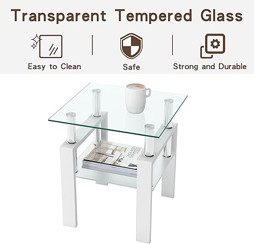 Miniatura 3 de Mesa auxiliar de cristal, mesa auxiliar cuadrada con marco de metal, pequeña mesa de café para sala de estar y dormitorio (blanco)