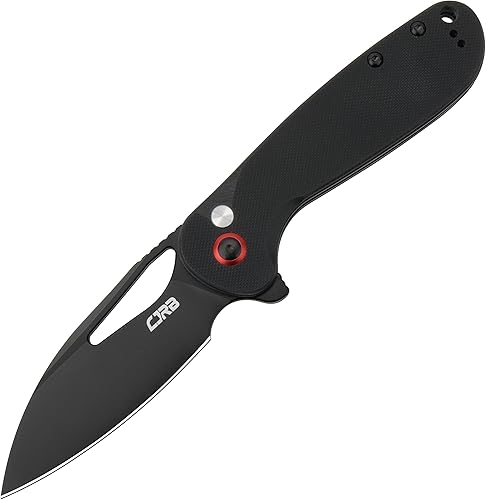 CJRB LAGO - Cuchillo de bolsillo plegable con acabado satinado de 3.41 pulgadas AR-RPM9 mango negro G10, cuchillo EDC con bloqueo de botón para