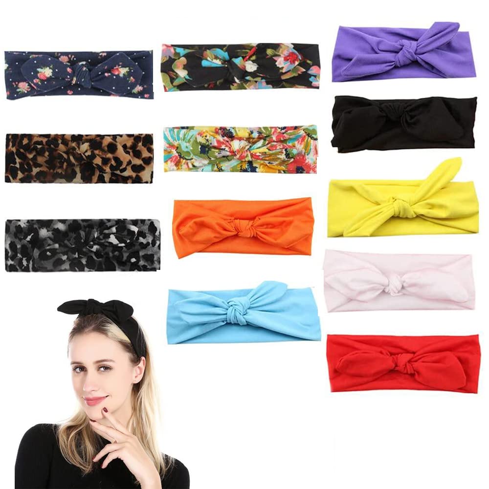HUANMAYE 12Pcs Rabbit Ears Headbands Non Slip Hair Bands with Bow Sweat Elastic Hair Wrap Workout Running Sport Washing Your Face Hair Wrap for Girls Hair Accessories