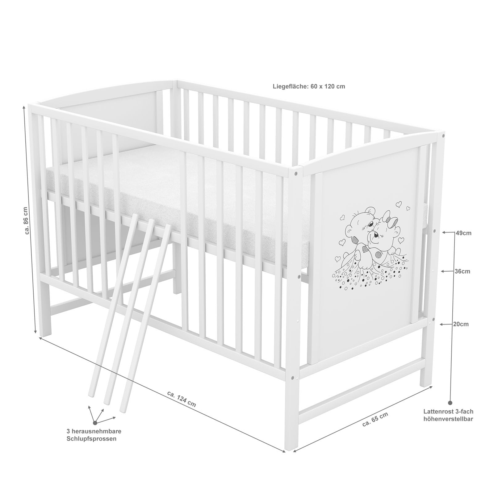 Generisch Baby Delux Babybett 60x120 weiß Kinderbett mit Aloe Vera Matratze höhenverstellbar mit Schlupfsprossen (Mia weiß)