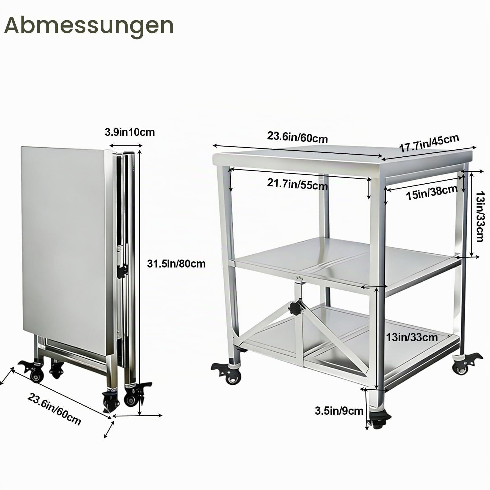 Ebenen klappbare Servierwagen Edelstahl, Regal mit Feststellbremse Rollen | Küchenwagen Servierwagen mit Stauraum, für Küche, Garten, Vielseitiger Allzweckwagen für kleine Räume, 60x45x80cm