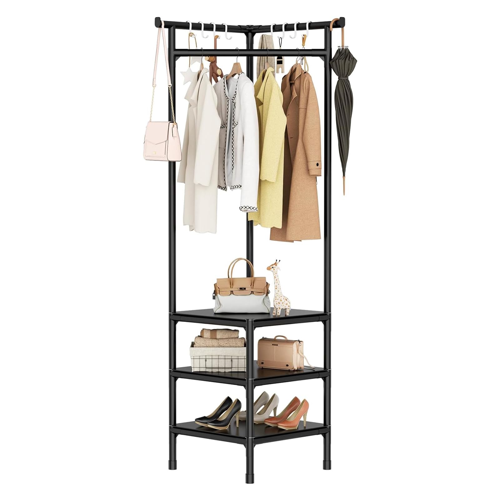 Black Corner Hall Tree with Shoe Bench Entryway Coat Rack with 10 Movable Hooks Floor Standing Clothes Rack Shoes Shelf Organizer for Home Bedroom and Living Room
