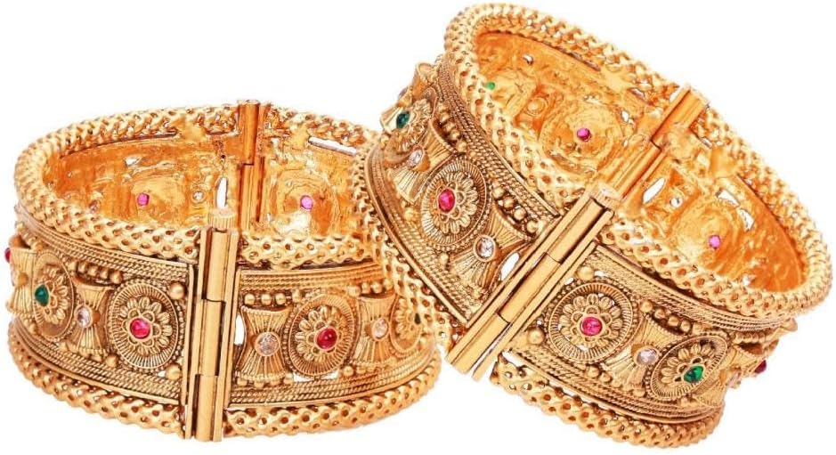 Efulgenz Indian Bangles for Women Gold Tone Bangle Bracelet Set Crystal Floral Engraved Style Hinge Openable Big Broad Bangles Bracelet Indian Bridal Jewelry for Wedding Bollywood Fashion Jewelry (2 Pcs)