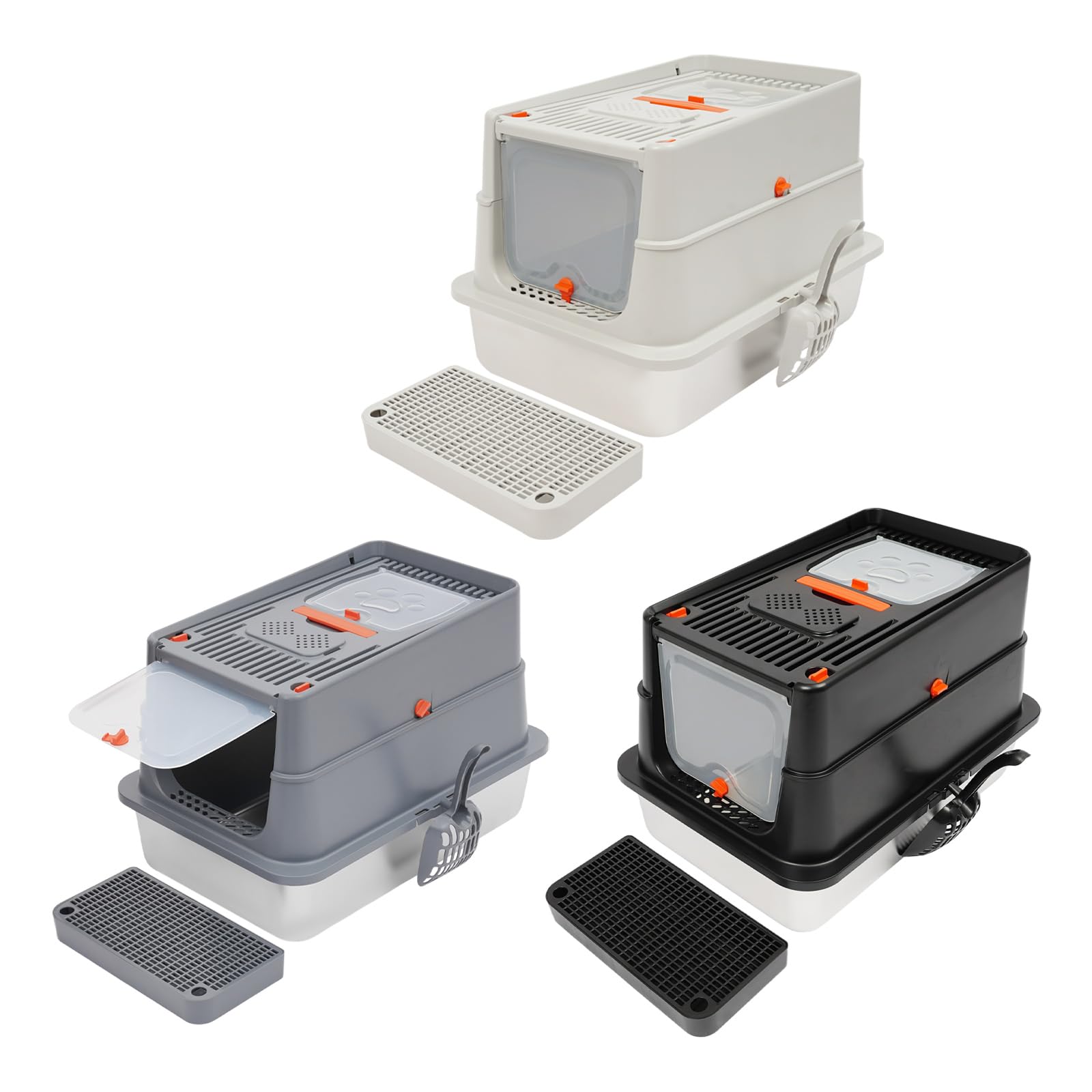 Lettiera per gatti in acciaio inox con coperchio, configurazione a due porte con coperchio ribaltabile, lettiera chiusa con pala e pedale, facile da pulire, rimovibile, 60 x 41 x 39 cm