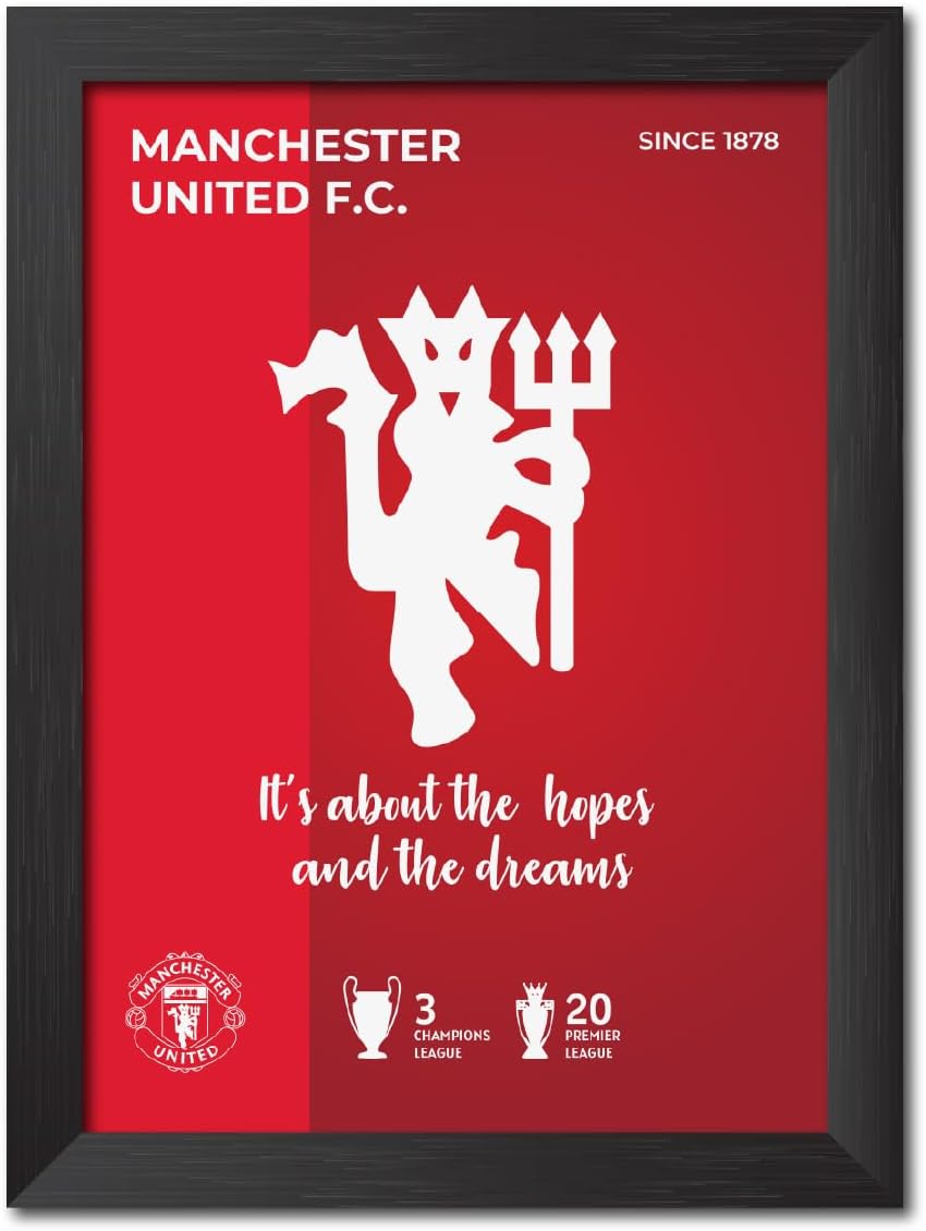 Manchester United Football Club White Logo Laminated Poster Marvel Framed Painting with Matt Finish Black Frame (9inches x 12inches)