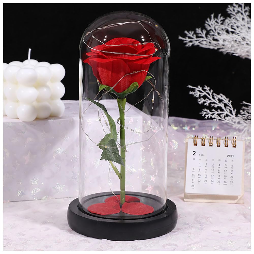 Amazon｜Lllunimon LEDライト付きガラスドームの魅惑の花赤いシルク