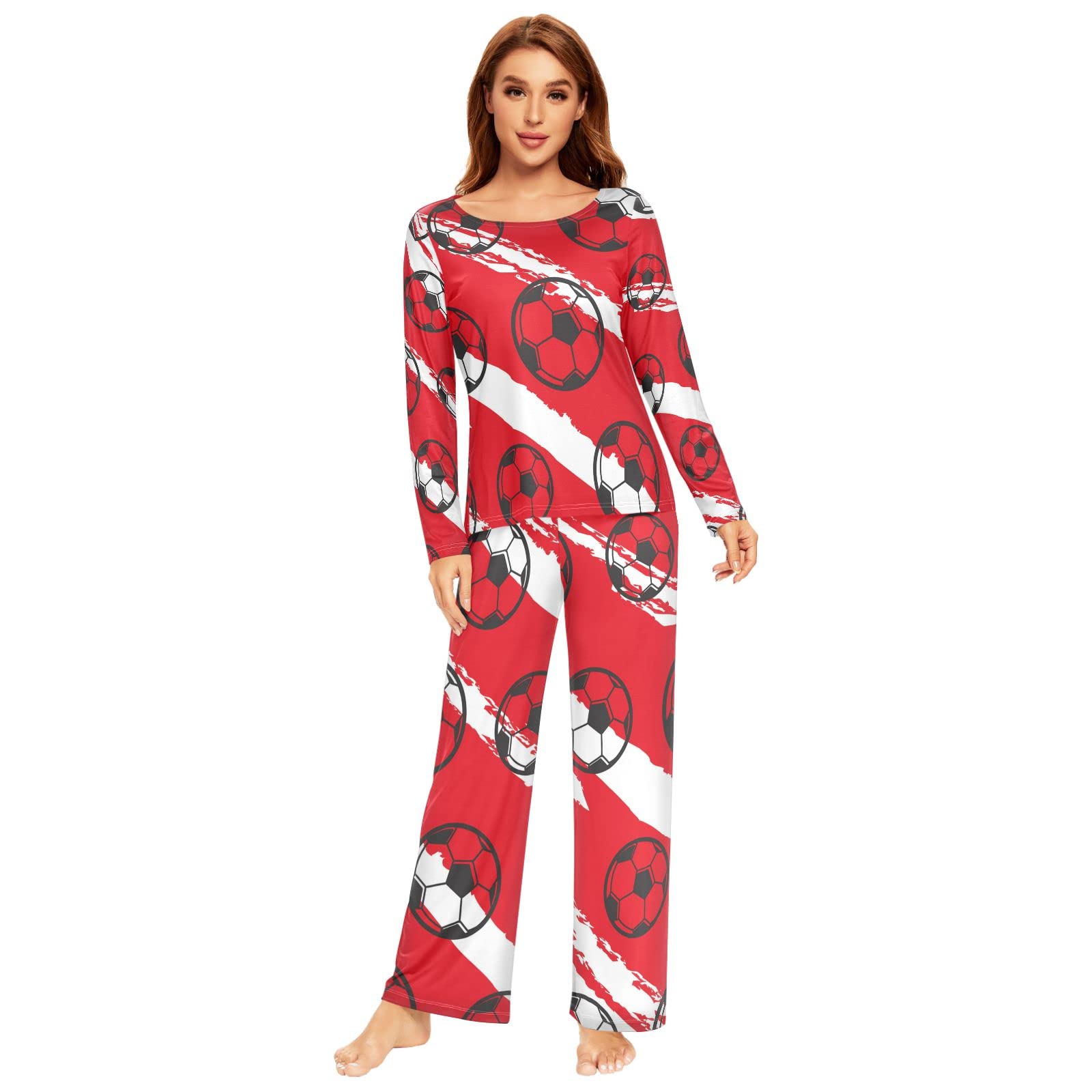 Anantty Women's Multicolor Pajamas Sets Football Soccer Ball Sport Pj Set Long Sleeve Top Long Pants 2 Piece Loungewear Sleepwear Nightwear