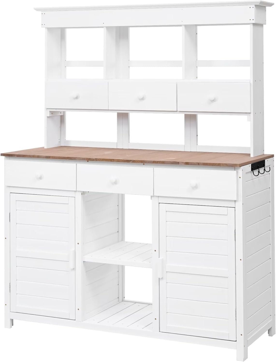 65.7'' H Tall Garden Potting Bench Table with Hutch,Patio Storage Workstation with 3 Shelves,6 Drawers,2 Bottom Cabinets&Side Hooks for Mudroom,Doorway, White