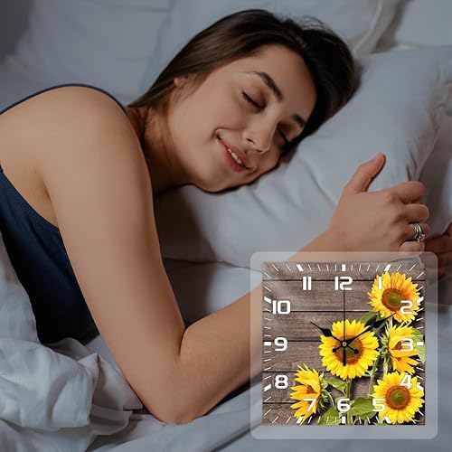 Miniatura 4 de CHGCRAFT Reloj de pared de 12 pulgadas con patrón vintage de girasol, reloj de pared cuadrado de madera silencioso, funciona con pilas, reloj de