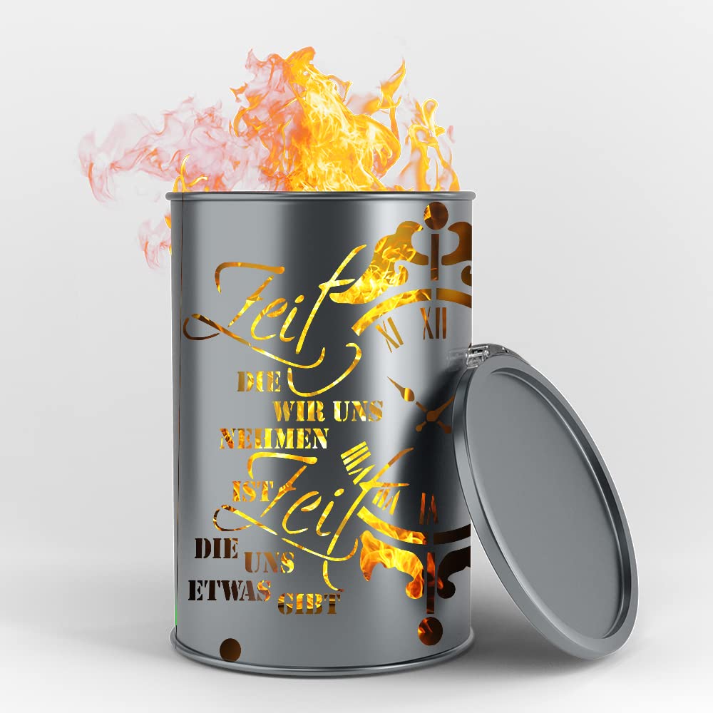 Feuertonne mit Zeit Motiv - Gefertigt aus neuem Ölfass - Besondere Feuerstelle für Garten und Terrasse - Hohe Feuerschale mit Rostoptik - 90 x 60 cm