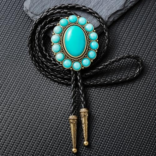 Image of GelConnie Bolo Tie for Men Women Western Cowboy Turquoise Leather Necktie | Natural Stone Bolo Tie Necklace for Women Rodeo Cowboy Leather Necktie Native American Western Cowgirl Ties Adjustable Cord