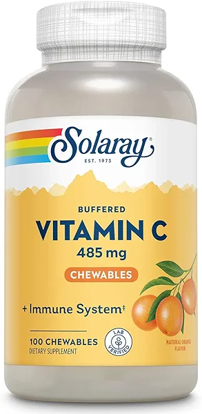 SOLARAY Chewable Vitamin C with Rose HIPS and Acerola Cherry - Buffered Vitamin C for Gentle Digestion - Immune Support Supplement - Natural Orange Flavor, 60-Day Guarantee, 100 Serv, 100 Chewables