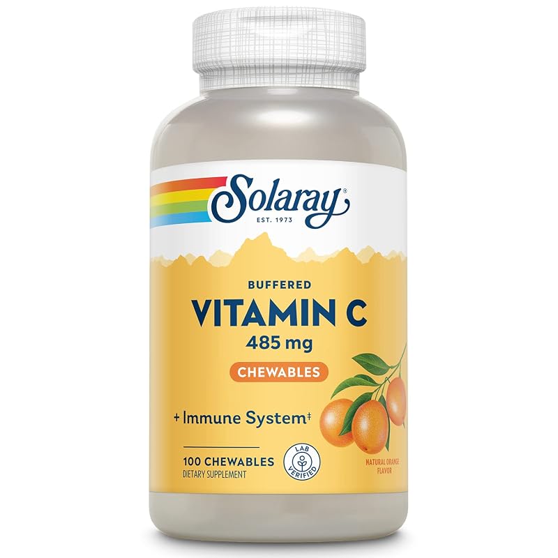 SOLARAY Suplemento de Vitamina C Tamponada com Rosa-mosqueta e Acerola, 485 mg, 100 comprimidos mastigáveis