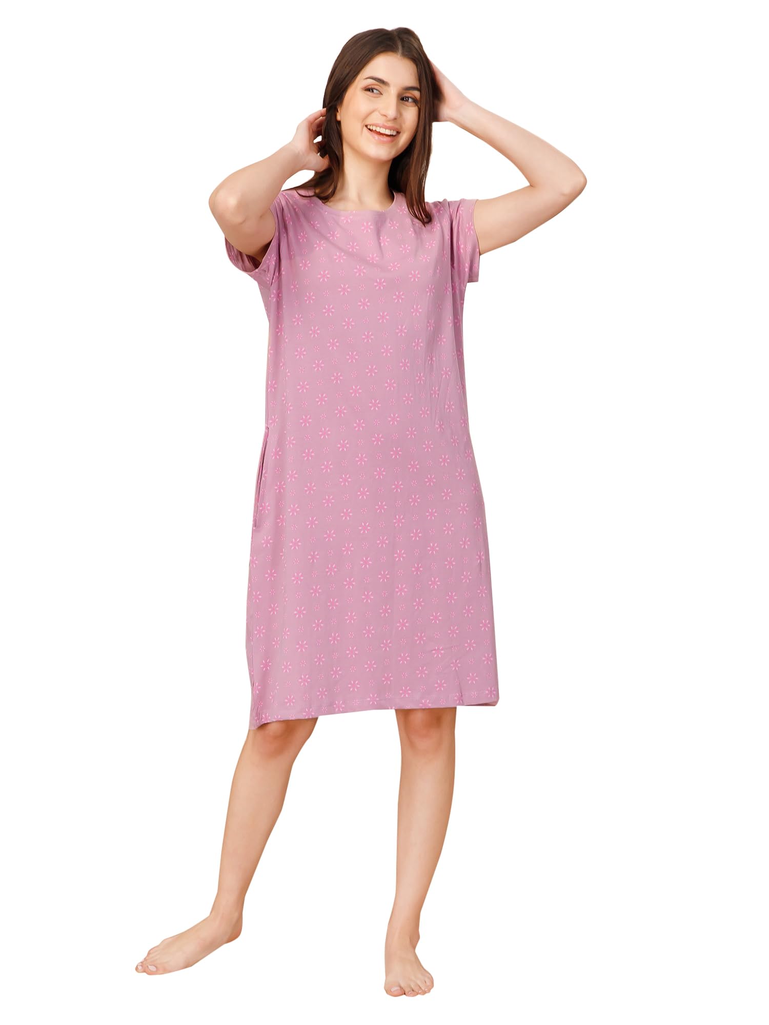 Mushy Mod Women's Cotton Flower Print Knee Length Night Dress/Night Gown/Short Nighty - MM-3004