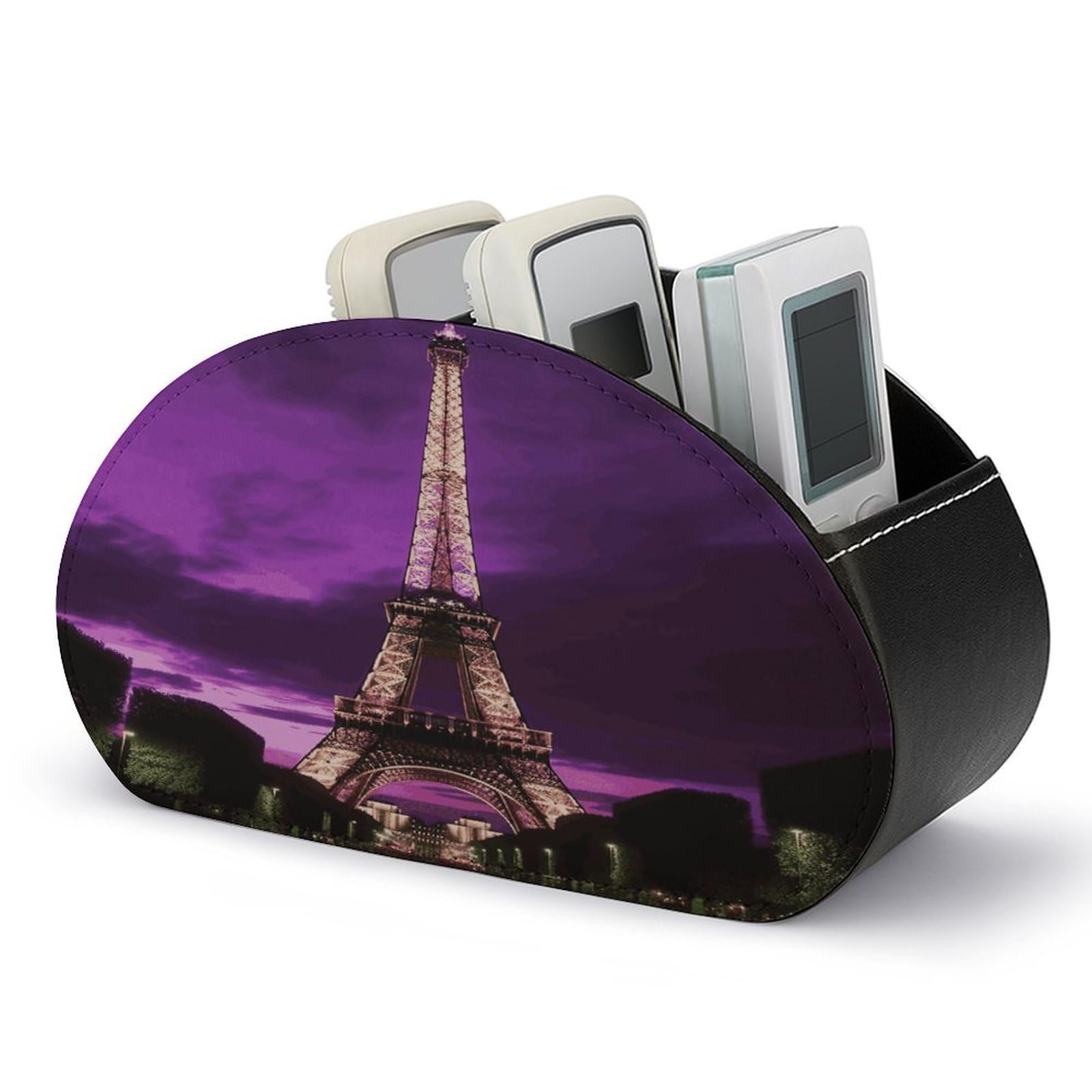 FekiLoot Purple Eiffel Tower TV Remote Control Holder with 5 Compartments Multi-functional Leather Bedside Table Remote Caddy Desktop Storage Box for Store Pen Controller Media Player Cosmetic