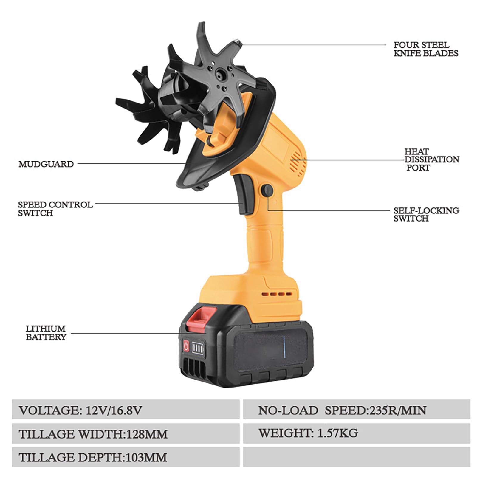 Coltivatore leggero a batteria con 2 batterie, motozappa elettrico, larghezza 12,8 cm e profondità 10,3 cm, denti a 4 file per la coltivazione del terreno