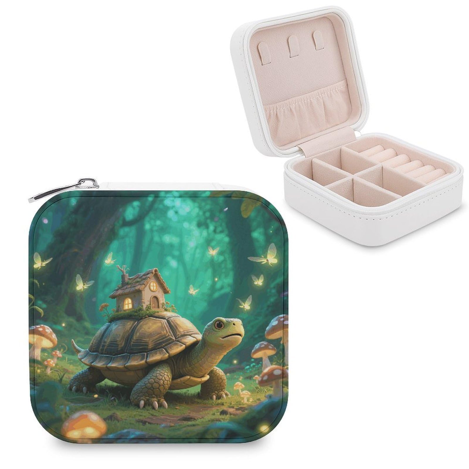 VstaDank Turtle in The Forest Jewelry Box for Women Jewelry Organizer Storage Case with Zipper Mini Travel Jewelry Case Cute Trinket Organizer Leather Portable Jewelry Storage Box