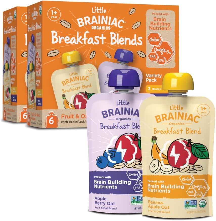 Little Brainiac Variety Pack Breakfast Blend Organic Fruit & Oat Toddler Pouches, Banana Apple & Apple Berry Oat with Omega-3s DHA/EPA & Choline, Clean Label, BPA-Free, Non-GMO, 3.5 oz, Pack of 12