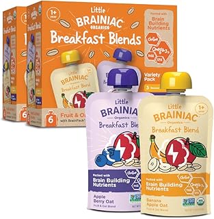 Little Brainiac Variety Pack Breakfast Blend Organic Fruit & Oat Toddler Pouches, Banana Apple Oat & Apple Berry Oat with Omega-3s DHA/EPA & Choline, Clean Label, BPA-Free, Non-GMO, 3.5 oz, Pack of 12