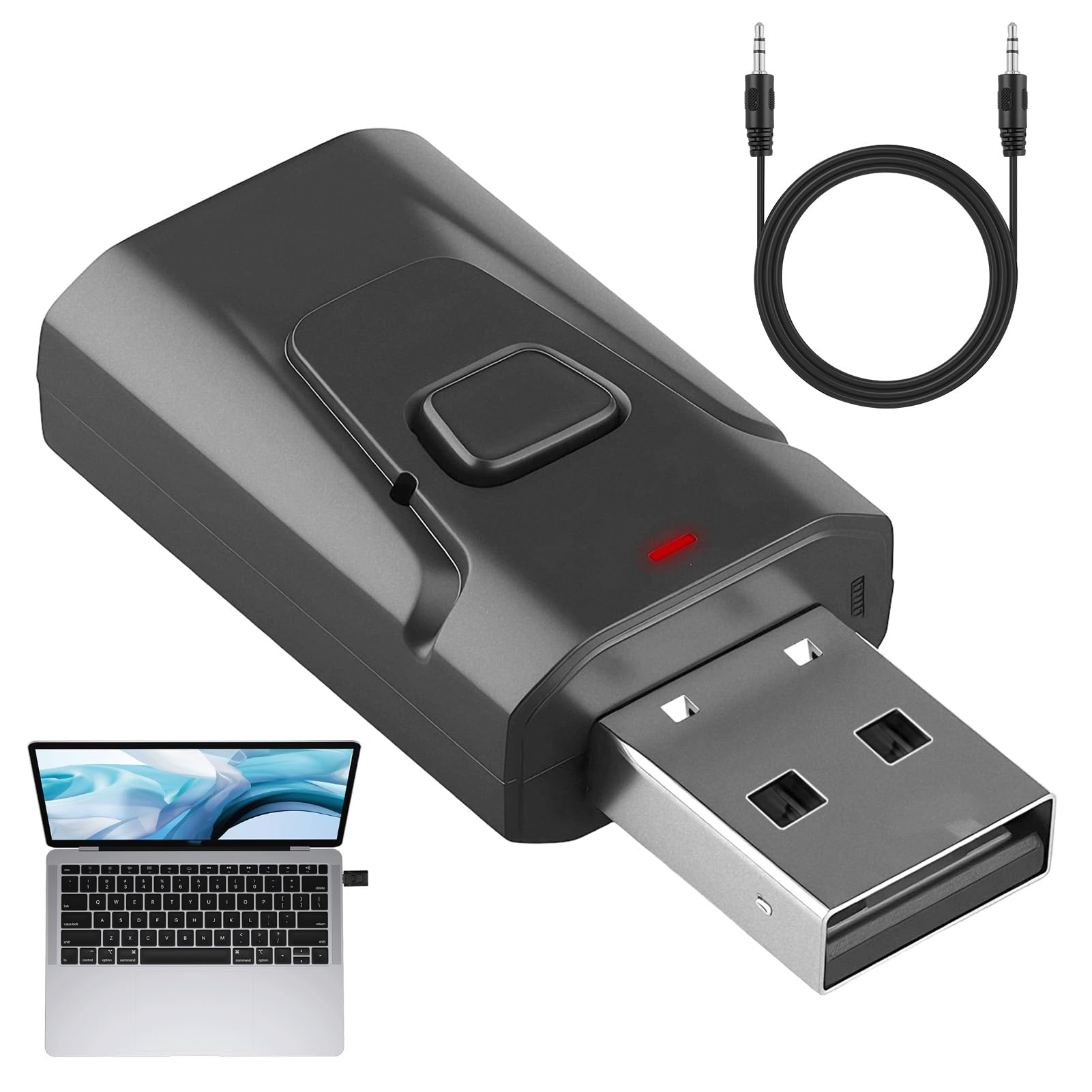 2 in 1 USB 5.4 Bluetooth Adapter (Transmitter Receiver) with 1/8" Jack | Wireless Stereo Audio for TV, Car, PC, Headphones, Hands-Free, Speakers, No Delay (Black)