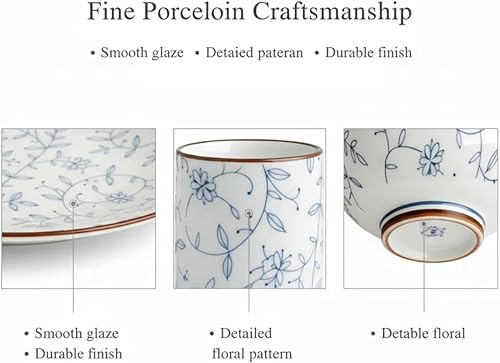 Miniatura 7 de Juego de platos de cerámica de 87 pulgadas + cuenco de 4.5 pulgadas + taza de 2.6 in. Juego de vajilla con patrón floral azul para cocina, comedor,