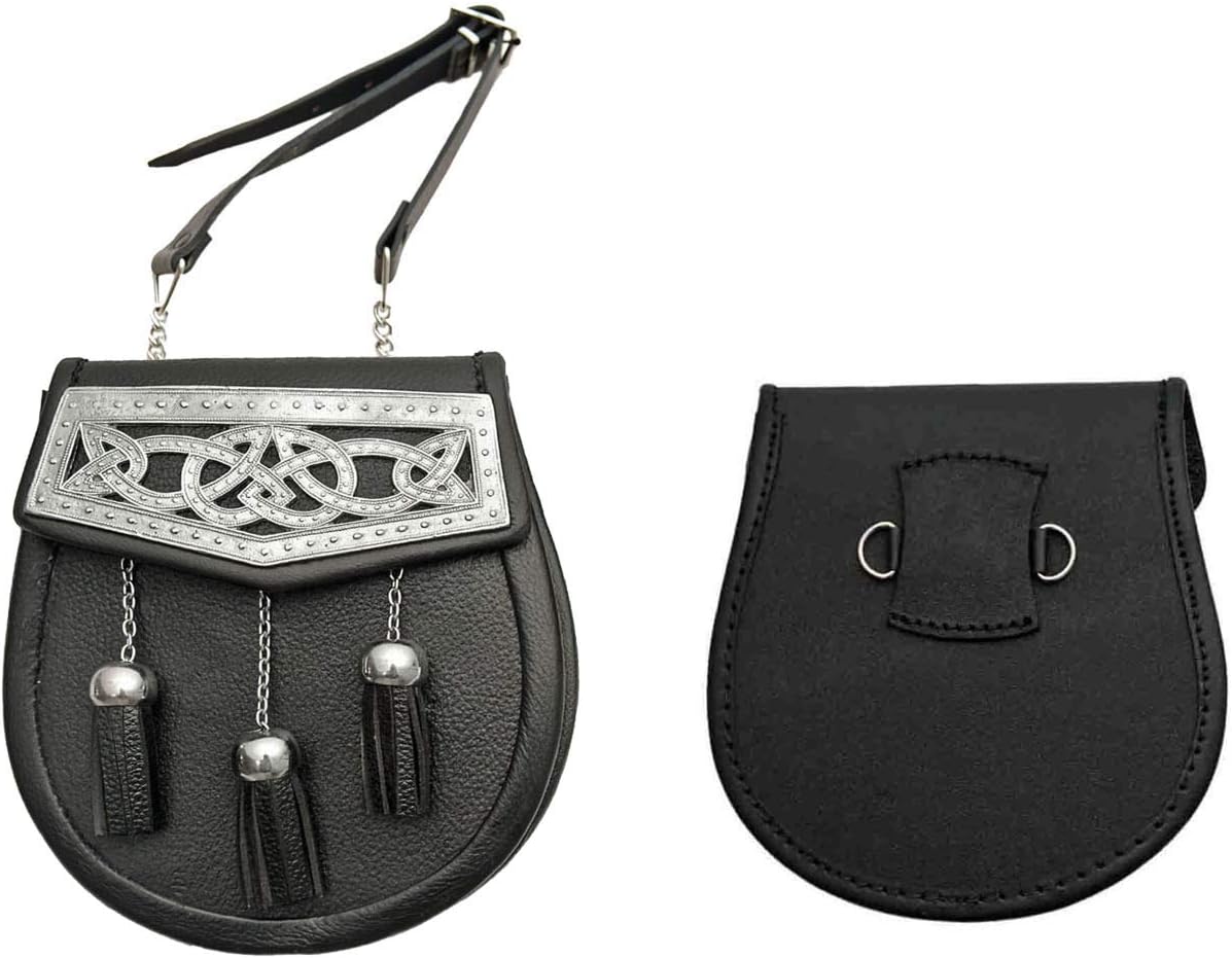 SZCO Medieval Sporran 8 Inch - Plated Celtic Design Leather Pouch with 3 Tassels - Scottish Kilt Sporran with Chain Belt for Men - Medieval Bag for Costume & Renaissance Accessories