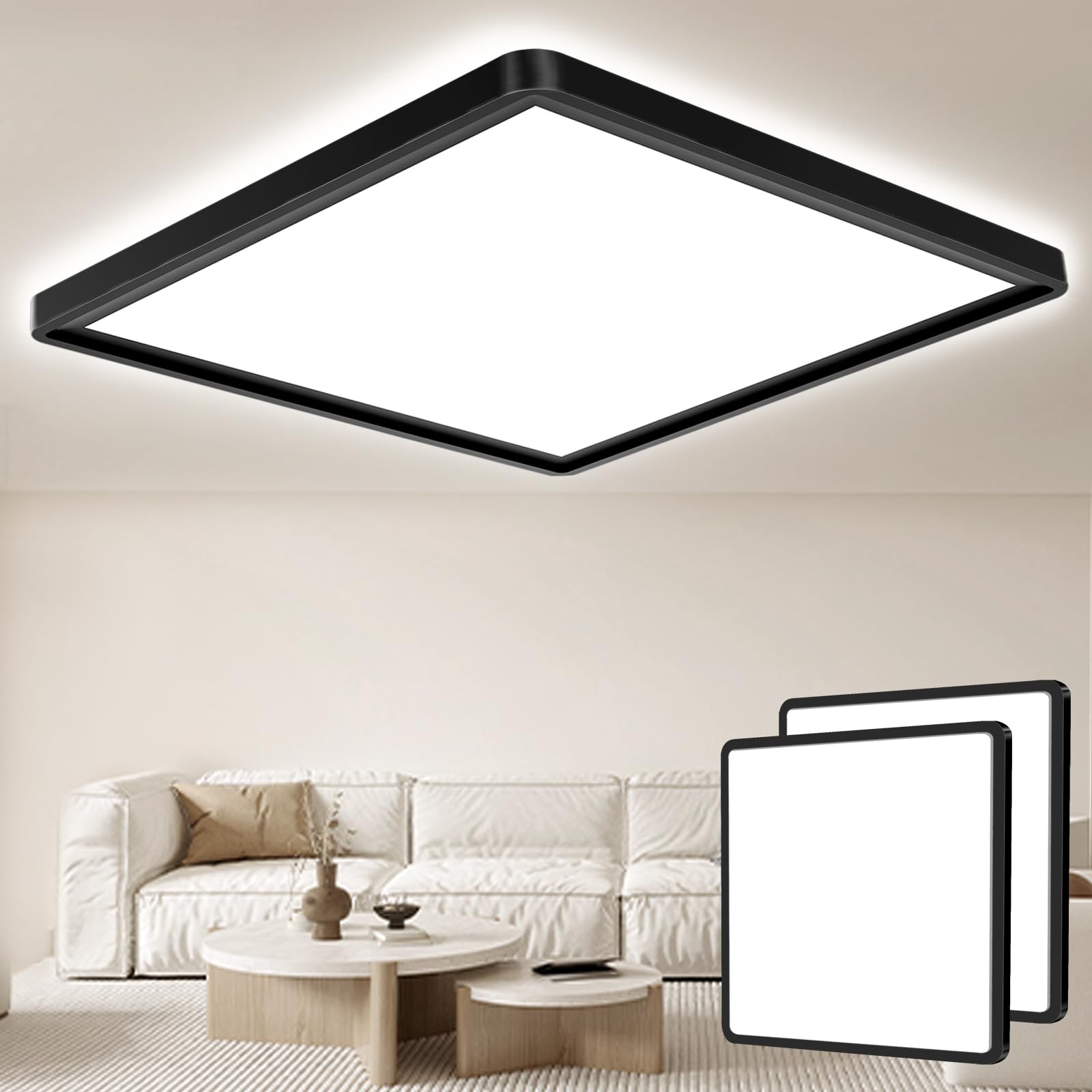 Seruno X Black 29Cm Bathroom Light 24W 3200Lm 6000K/4000K/3000K Ip54 Waterproof Bathroom Lights Ceiling, Ultra Thin Square Flush Ceiling Light For Kitchen Bedroom Toilet Porch Hallway Living Room 2 Pack