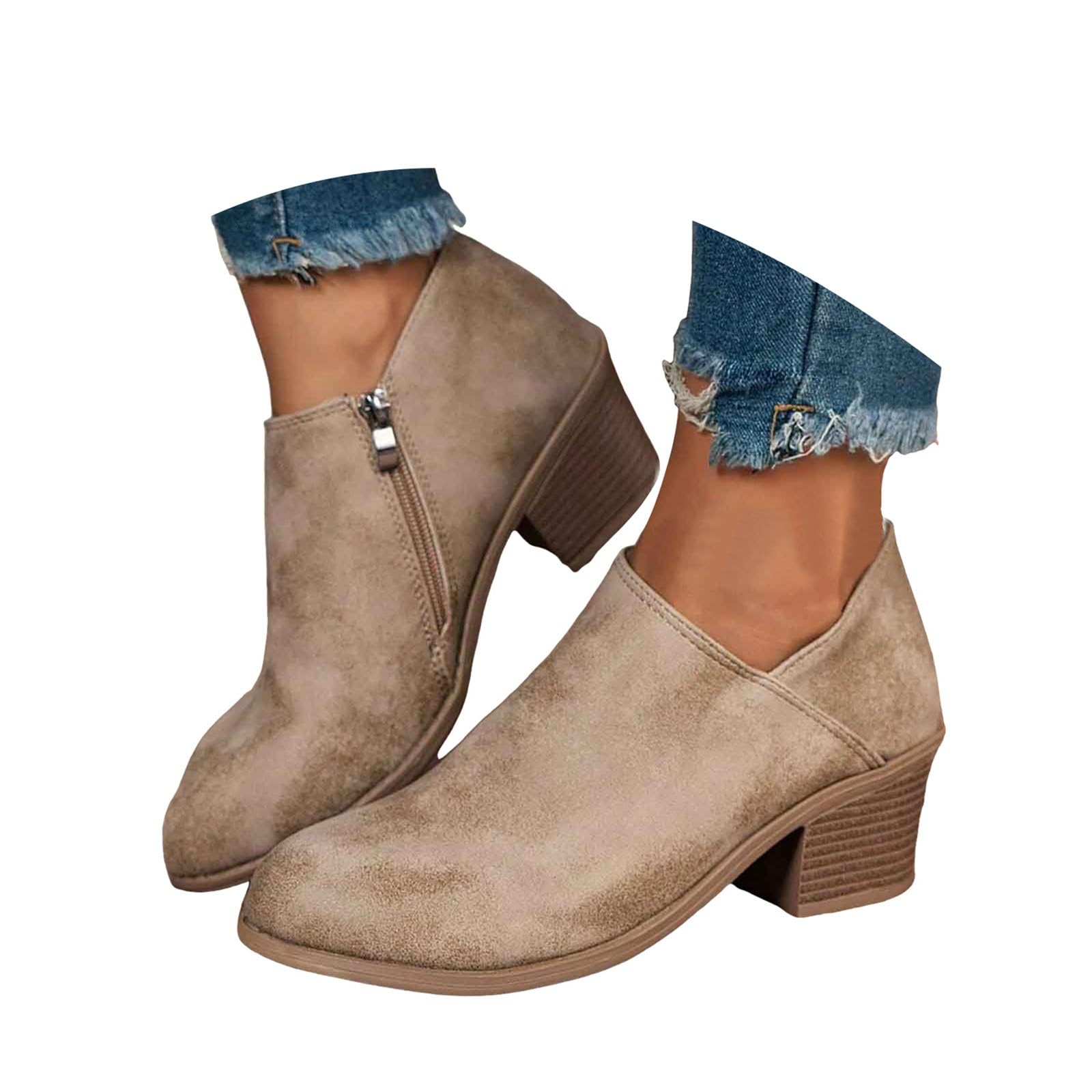 Womens Slip on Ankle Boots V Cutout Round Toe Chunky Stacked Low Heel Booties Fashion Side Zipper High