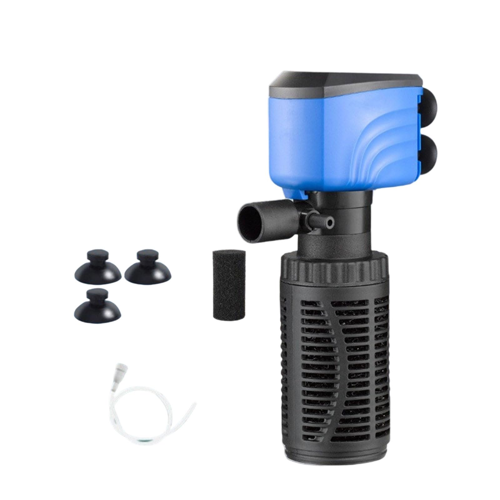 Submersible aquarium filter with triple action filtration for low energy consumption and low power consumption aquarium pump