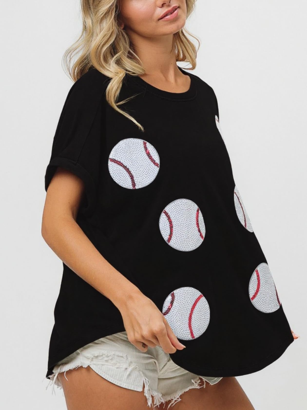 Maglietta da donna con paillettes luccicanti da baseball, maglietta a girocollo oversize a maniche corte lavate