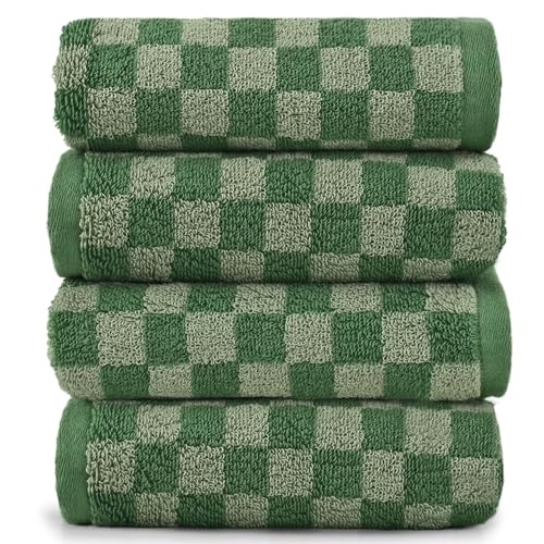 Image of Soft Hand Towels 4 Pack, Green Checkered Face Towel Set for Bathroom | Quick Dry Decorative Kitchen Towels 13x29 Inches