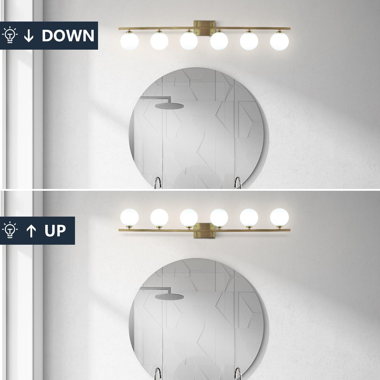 KCO Lighting Mid Century Moderne Badezimmer-Waschtischleuchte, goldfarben, Badezimmer-Beleuchtung, über Spiegel, 6 Lichter, Milchglas, lange Waschtischleuchten, Messingleuchten, Wandbeleuchtung