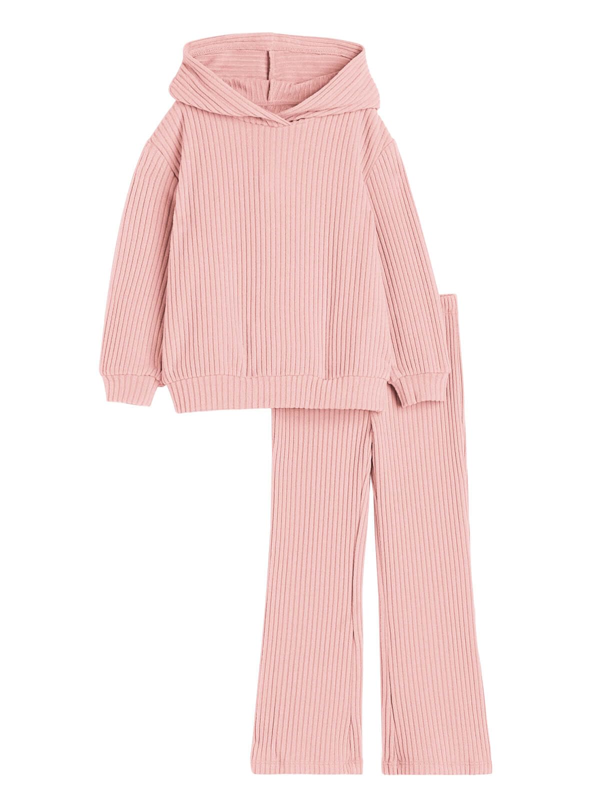 Haloumoning Conjunto de 2 piezas para niñas de punto acanalado con capucha, pantalones acampanados, sudaderas y pantalones deportivos para niños de 4 a 14 años