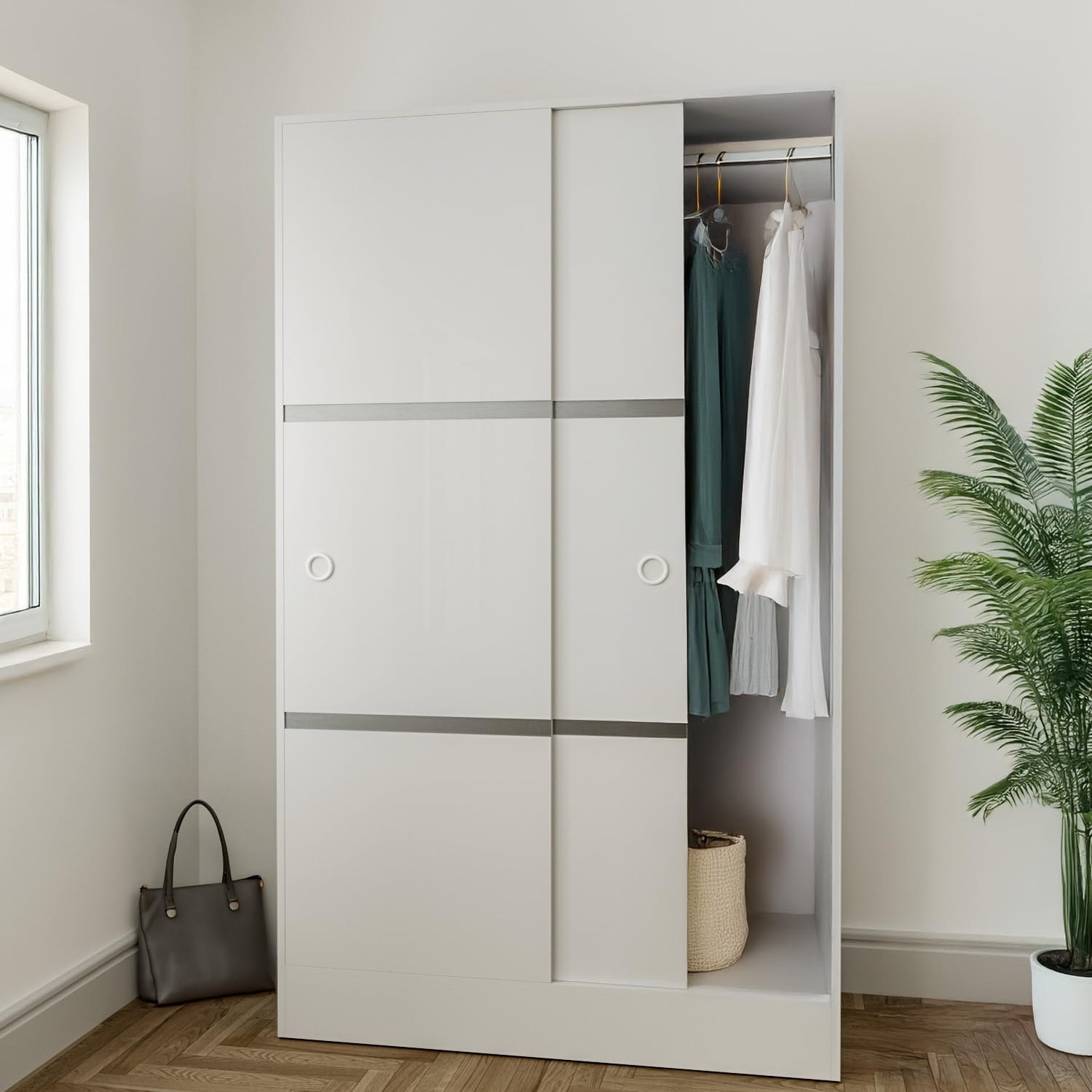 Bricozone Armadio Guardaroba Bianco Lucido Con 2 Ante Scorrevoli Con Guide Nascoste Con Ripiano Superiore Barra Appendiabiti E 4 Ripiani Struttura In Legno Melaminico 200x120x50 Cm