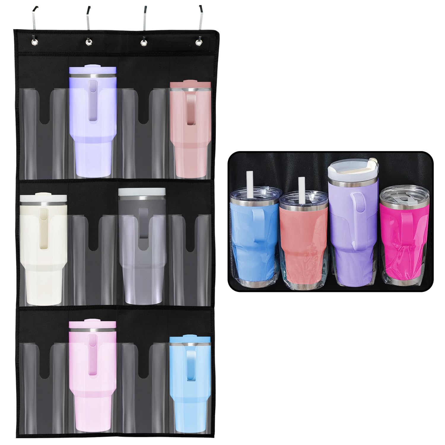Hidaily Hanging Water Bottle Organizer for Stanley Cup, 12 Pockets Over The Door Cup Organizer for Stanley 40oz Tumbler, Water Bottle Holder for Wall